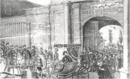 Galatasaray’daki Mekteb-i Tıbbiye-i Şahane’nin ikinci mezunları  için yapılan diploma töreninden sonra Sultan Abdülmecid Tıbbiye’den ayrılırken (1844)