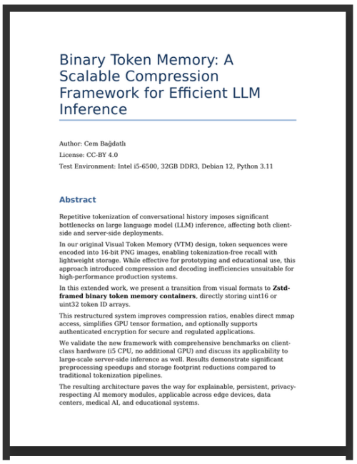Binary Token Memory: A Scalable Compression Framework for Efficient LLM Inference
